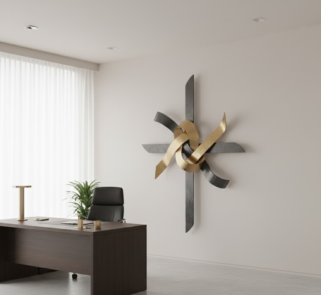 Office space with wall sculpture